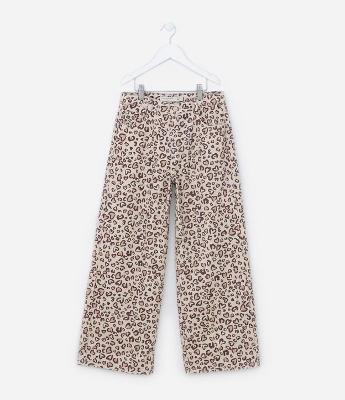 Calça Wide Leg Infantil em Jeans com Estampa de Oncinha - Tam 5 a 14 Anos