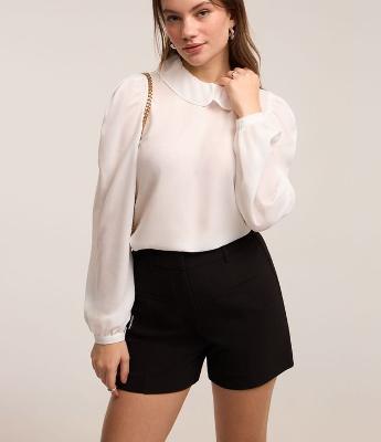 Blusa em Chiffon com Babado na Gola e Manga Bufante