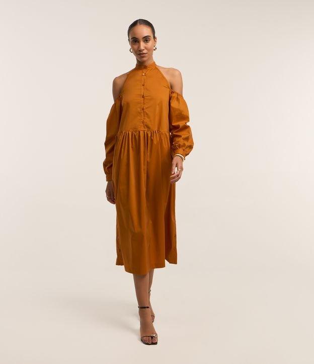 Vestido Midi em Tricoline com Abertura no Ombro e Manga Bufante - 2