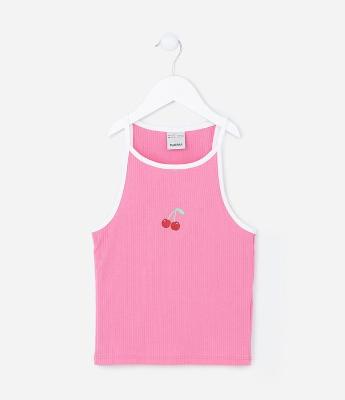 Regata Infantil Canelada com Estampa de Cerejinhas - Tam 5 a 14 Anos