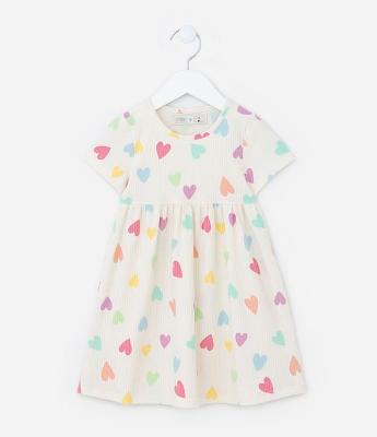 Vestido Infantil Canelado com Estampa de Corações - Tam 1 a 5 Anos