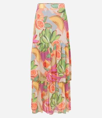 Saia Midi em Tule com Camadas e Estampa de Frutas
