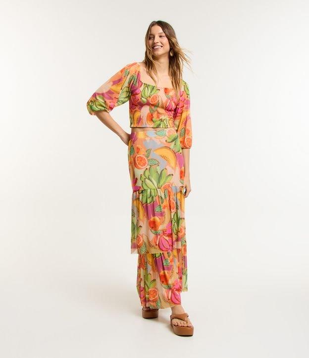 Saia Midi em Tule com Camadas e Estampa de Frutas - 2
