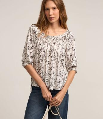 Blusa Ombro a Ombro em Viscolinho com Estampa Raminhos