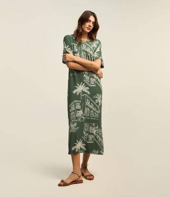 Vestido Midi em Viscose com Estampa Paisagem