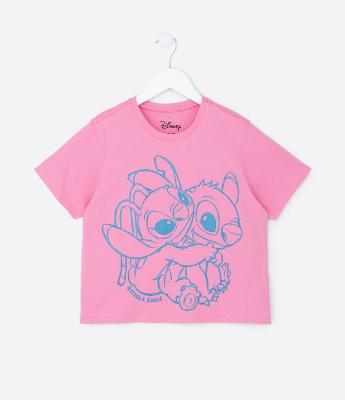 Camiseta Curta Infantil com Estampa do Stitch e Angel - Tam 5 a 14 Anos