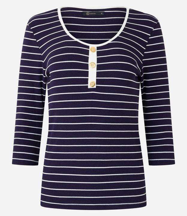 Blusa em Ribana com Botões e Estampa Listrada - 1