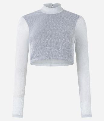 Blusa Cropped em Tule Metalizado com Golinha e Gota nas Costas