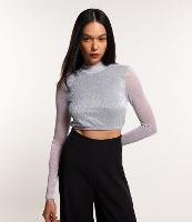 Blusa Cropped em Tule Metalizado com Golinha e Gota nas Costas - 2