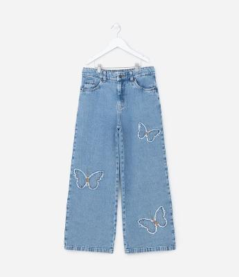 Calça Wide Leg Infantil em Jeans com Bordado Borboleta - Tam -  5 a 14 Anos
