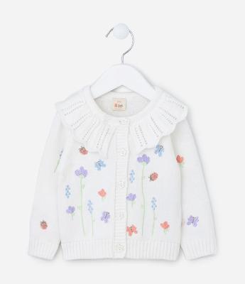 Cardigan Infantil em Tricô com Bordado de Flores e Joaninhas - Tam 3 a 18 meses