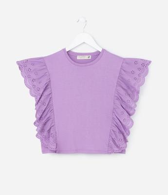 Blusa Infantil em Cotton com Babado de Broderie - Tam 5 a 14 anos