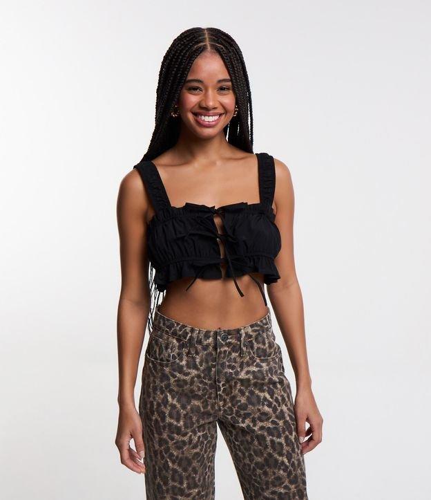 Blusa Top Cropped em Tricoline com Drapeado e Amarrações - 1