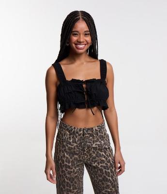 Blusa Top Cropped em Tricoline com Drapeado e Amarrações