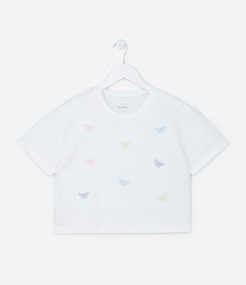 Blusa Cropped Comfort Infantil em Algodão com Bordado de Borboletas - Tam 5 a 14 anos