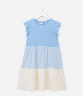 Vestido Infantil em Algodão com Blocos de Cor e Franzidos - Tam 5 a 14 anos