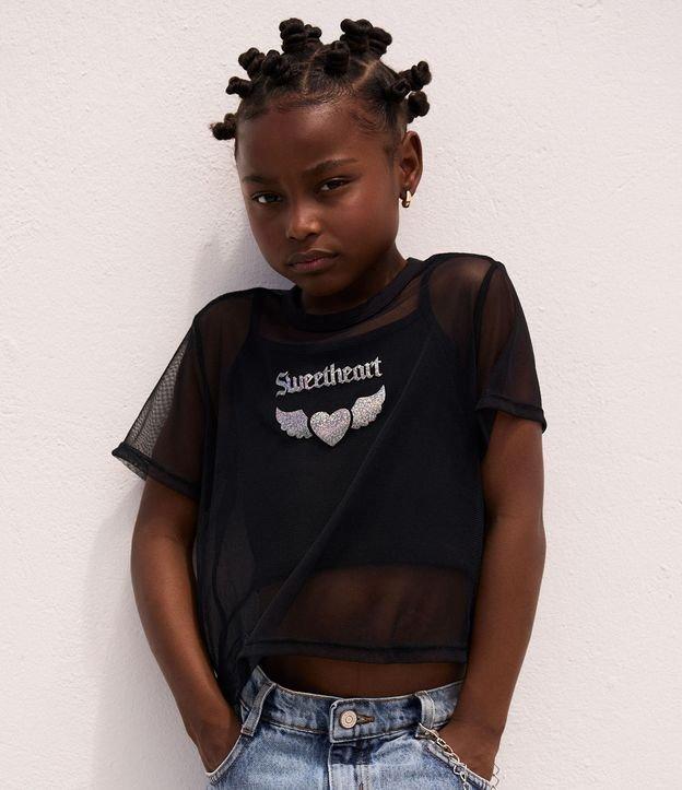 Blusa Infantil em Tule Estampa Coração Holográfico - Tam 5 a 14 anos - 2