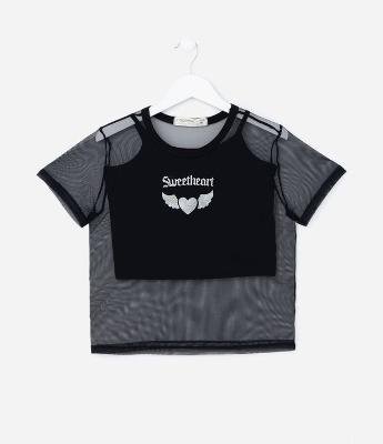 Blusa Infantil em Tule Estampa Coração Holográfico - Tam 5 a 14 anos