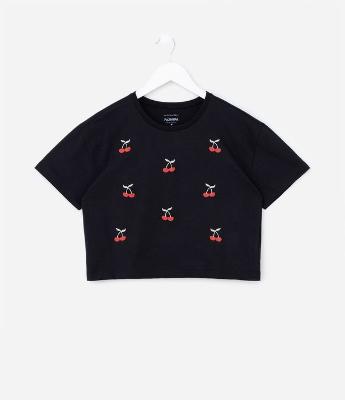 Blusa Cropped Comfort Infantil em Algodão com Bordado de Cerejinhas - Tam 5 a 14 anos