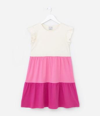 Vestido Infantil em Algodão com Blocos de Cor e Franzidos - Tam 5 a 14 anos