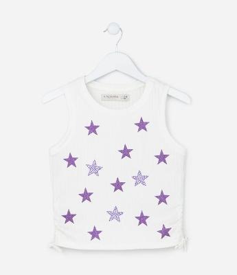 Blusa Regata Infantil Canelada Estampa Estrelas com Glitter e Strass - Tam 5 a 14 anos