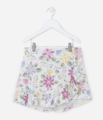 Short Saia Infantil Texturizado com Babadinho e Estampa Floral - Tam 5 a 14 anos