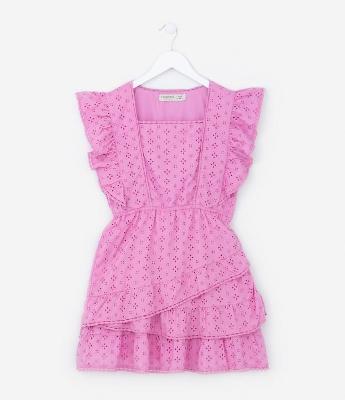 Vestido Infantil em Laiser com Babados e Mini Pompons - Tam 5 a 14 anos