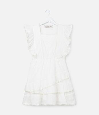 Vestido Infantil em Laiser com Babados e Mini Pompons - Tam 5 a 14 anos