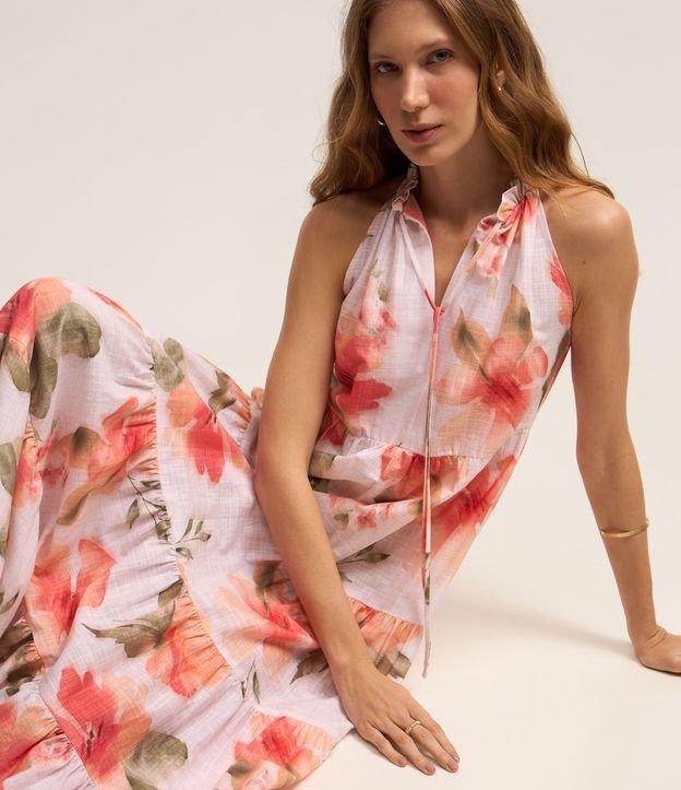 Vestido Midi em Tecido Maquinetado com Frufru na Gola e Estampa Floral - 1