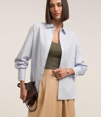 Camisa em Tricoline com Punho Duplo e Estampa Listrada