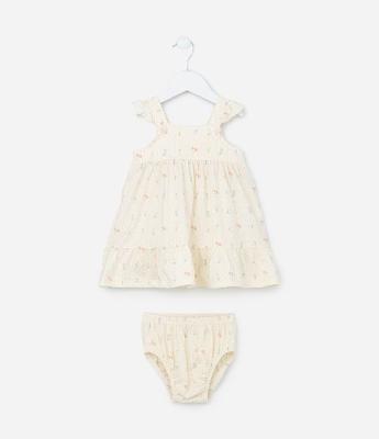 Vestido Infantil em Algodão Estampa Floralzinho Acompanha Calcinha - Tam 0 a 18 meses