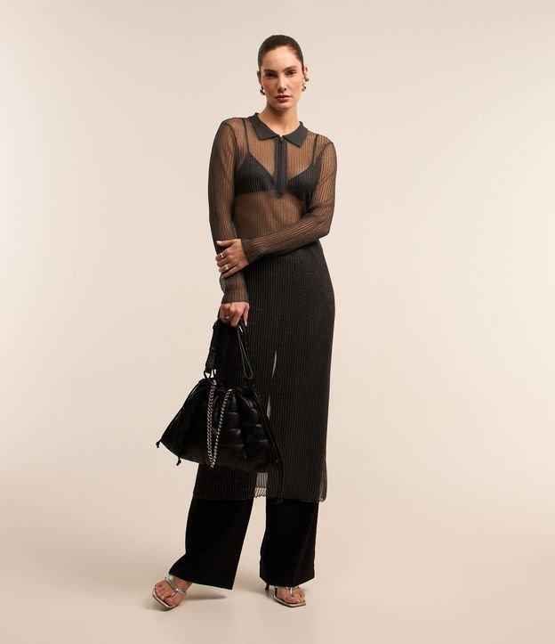 Vestido Longo em Tule Metalizado e Gola Polo - 4