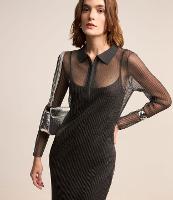 Vestido Longo em Tule Metalizado e Gola Polo - 1