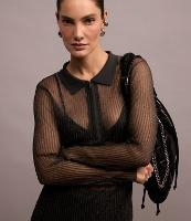 Vestido Longo em Tule Metalizado e Gola Polo - 3