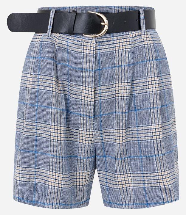 Short Alfaiatado em Algodão e Linho com Estampa Xadrez e Cinto de PU - 1