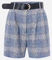 Short Alfaiatado em Algodão e Linho com Estampa Xadrez e Cinto de PU - 1