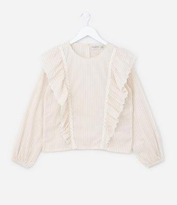 Blusa Infantil em Viscose com Listras e Detalhe de Babado e Broderie - Tam 5 a 14 anos