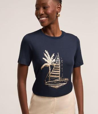 Camiseta em Viscose com Estampa Barco a Vela