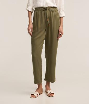 Calça Reta Cropped Cintura Alta em Sarja com Amarração