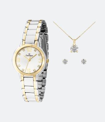 Kit Relógio Champion Analógico com Caixa e Pulseira em Aço Prata CN28419C