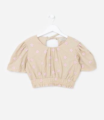Blusa Ciganinha Cropped Infantil com Bordado Floral Broderie - Tam 5 a 14 anos