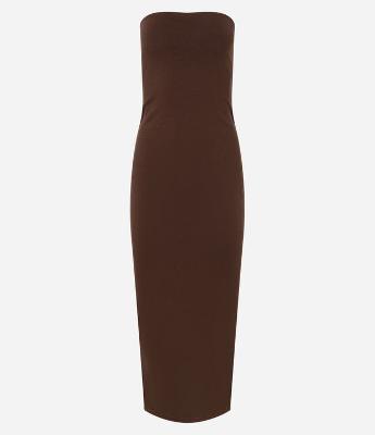 Vestido New Midi em Ponto Roma e Decote Tomara que Caia
