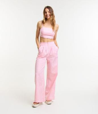 Calça Pantalona em Tricoline em Listras em Fio Tinto