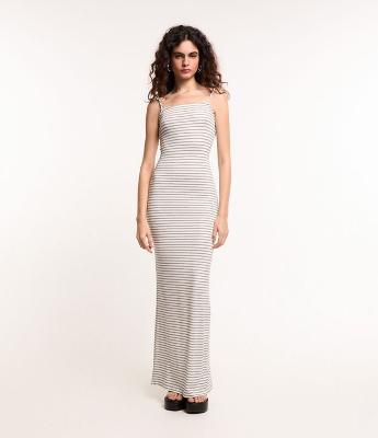 Vestido New Midi em Ribana com Listras e Fenda nas Costas
