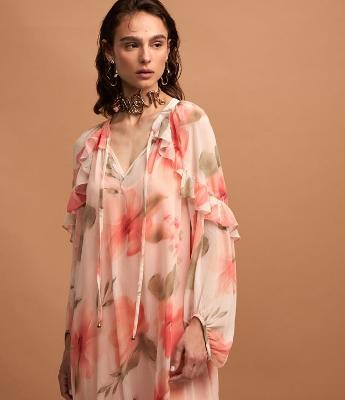Vestido Longo em Chiffon com Manga Bufante e Estampa Floral