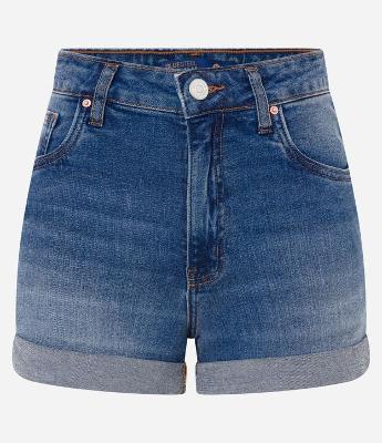 Short Hot Pants Cintura Alta em Jeans com Barra Dobrada