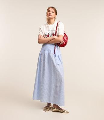 Saia Evasê em Tricoline com Fivela Lateral com Listras em Fio Tinto