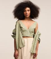 Blusa Cropped em Tricoline com Listras em Fio Tinto e Lastex nas Costas - 2