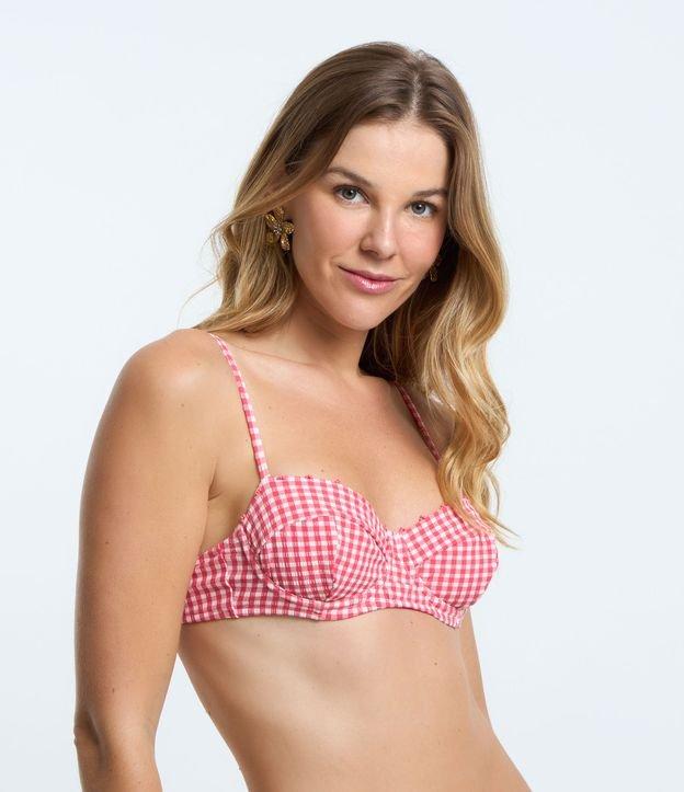 Biquíni Top Meia Taça com Estampa Xadrez Vichy e Miçangas Aplicadas - 1