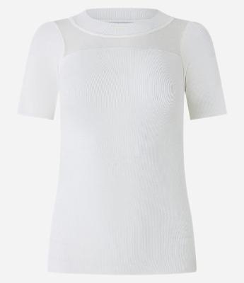 Blusa em Tricô com Mangas Curtas e Recorte em Tule